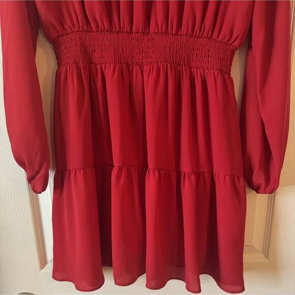 Shinestar Balloon Sleeve Tiered Red Dress High Neck Smocked Waist Line Womens XL - Picture 8 of 9